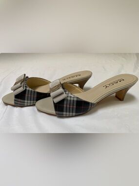 Marciano Black and Cream Plaid Open-Toe Mules with Bow Accent